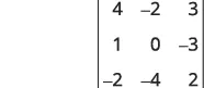 A 3x3 matrix with integer entries. The first row is 4, -2, 3. The second row is 1, 0, -3. The third row is -2, -4, 2.