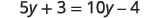 A linear algebraic equation is shown: 5y + 3 = 10y - 4, which involves the variable 'y' and constant terms on both sides of the equality sign, requiring simplification to solve for 'y'.