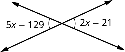 Two lines intersect each other. One set of opposite angles is labeled 5 x minus 129 and 2 x minus 21.