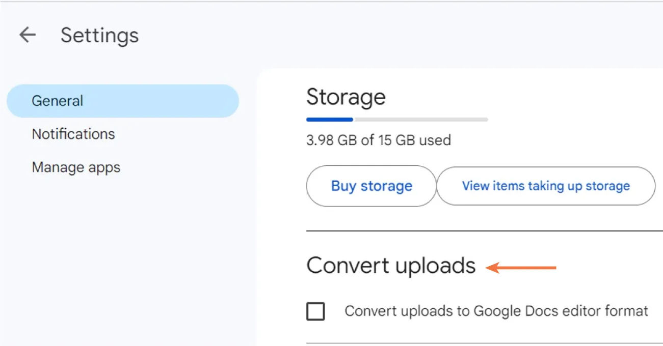 General is selected in Settings. Convert uploads category displays selectable button for Convert uploads to Google Docs editor format.