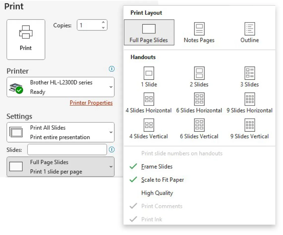 A screenshot of the print option with the Full Page Slides feature selected is shown.