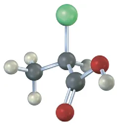 The ball-and-stick model shows a 3-carbon chain. C1 is a carboxylic acid group on the right. A chlorine atom is bonded to C2  above and a methyl group below C2.