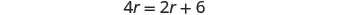 A mathematical equation is displayed on a white background, reading '4r = 2r + 6' in a dark grey font.