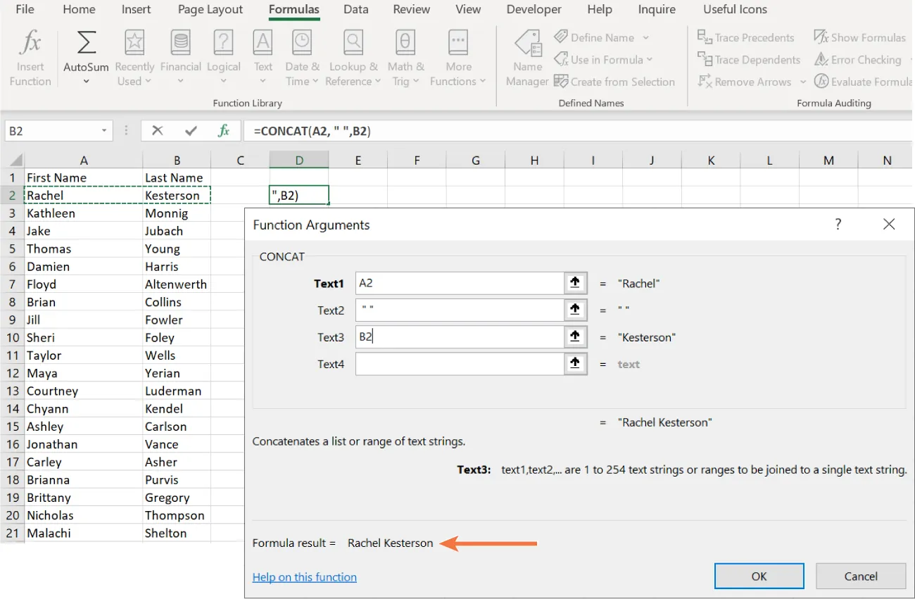 Function Arguments pane displays options:: Text1 (A2 = ‘Rachel’, Text2 (“ “ = “ “), Text3 (B2 = ‘Kesterson’), Text4 (blank = text). Formula result = Rachel Kesterson is in left corner.