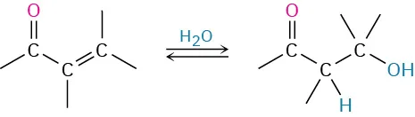 An alpha beta-unsaturated compound reacts with water to form a compound with carbonyl and beta hydroxyl group.