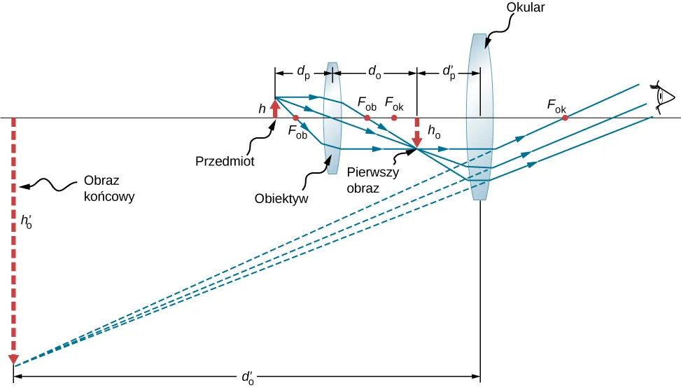 Figura od lewej do prawej przedstawia: przedmiot o wysokości h, soczewkę dwuwypukłą opisaną jako obiektyw umieszczony w odległości d subscript o od obiektu, odwrócony obraz o wysokości h subscript i opisany jako pierwszy obraz umieszczony w odległości d subscript i od obiektywu, soczewkę dwuwypukłą opisaną jako okular umieszczoną w odległości d subscript o prim from od pierwszego obrazu i wreszcie oko obserwatora. Promienie wychodzące z wierzchołka przedmiotu przechodzą przez obiektyw i skupiają się w wierzchołku odwróconego obrazu. Promienie biegną dalej i wchodzą do okularu, gdzie odchylają się i wpadają do oka. Przedłużenia odchylonych promieni skupiają się w wierzchołku obrazu, który jest powiększony i odwrócony i znajduje się po lewej stronie rysunku. Wysokość obrazu wynosi h subscript i prim a jego odległość od okularu wynosi d subscript i prim.