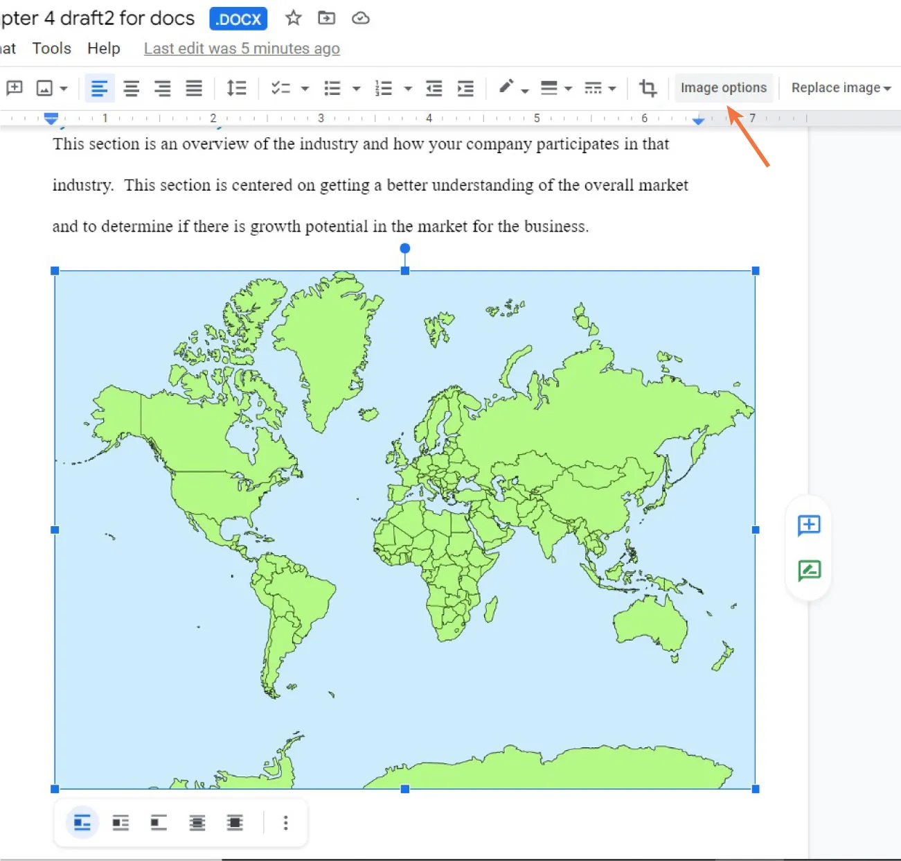 Map image is inserted into document. Image options button on Action Bar. Options available for editing include Add comment, Suggest edits, Text (In line, Wrap, Break, Behind, In front of, Image options).