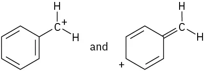 Chemical structures of phenylmethylium on the left and 1-methylenecyclohexa-2,5-dien-4-ylium on the right.