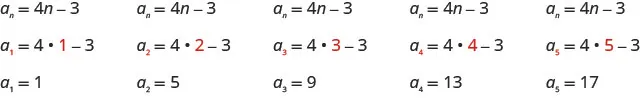 This figure shows three rows and five columns. The first row reads nth term equals 4 times n minus 3 written five times. The second row reads a sub 1 equals 4 times g times 1 minus 3, a sub 2 equals 4 times g times 2 minus 3, a sub 3 equals 4 times g times 3 minus 3, a sub 4 equals 4 times g times 4 minus 3, a sub 5 equals 4 times g times 5 minus 3. The third row reads, a sub 1 equals 1, a sub 2 equals 5, a sub 3 equals 9, a sub 4 equals 13, a sub 5 equals 17.