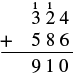 A column addition problem showing 324 plus 586 equals 910, with the fractions 1/3 and 1/2 written above the hundreds and tens digits of the first operand.