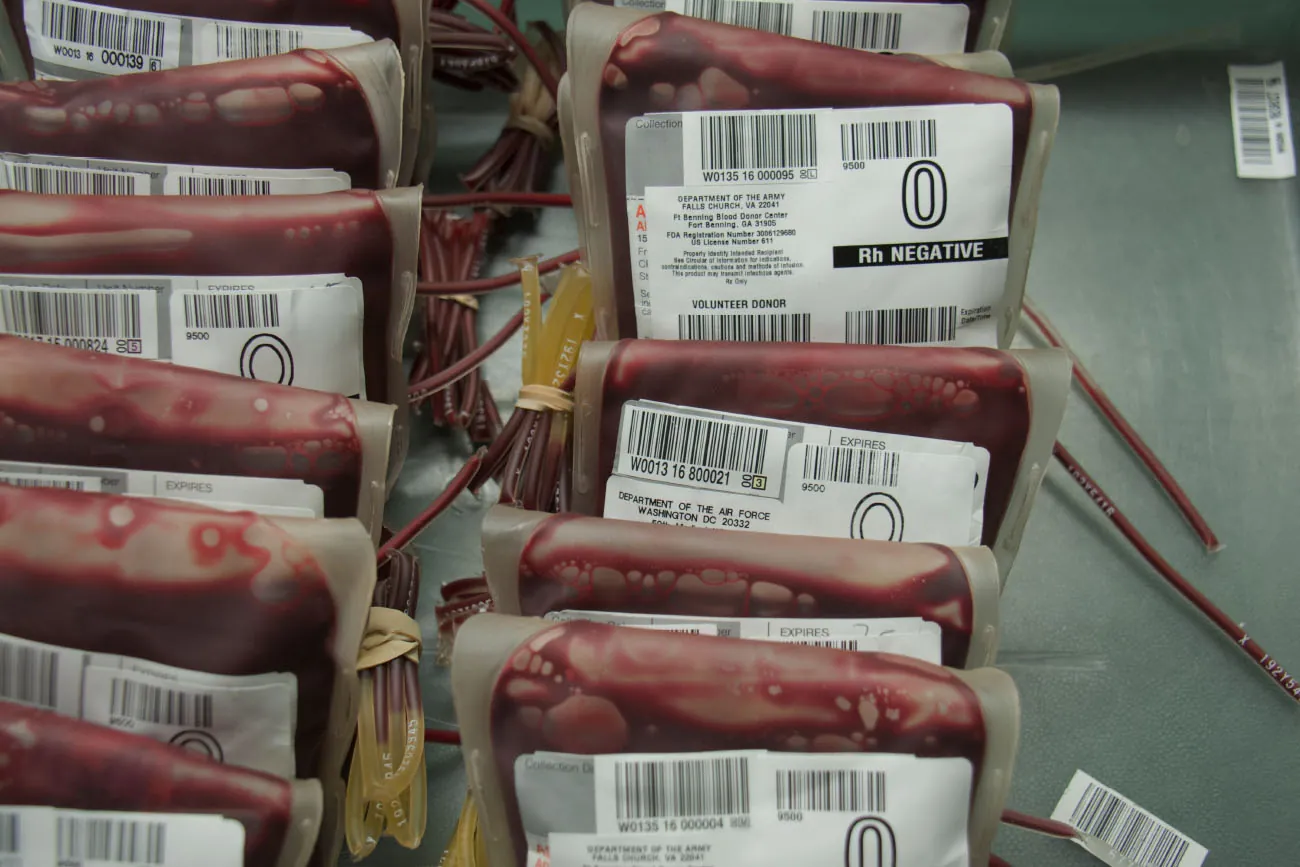A photograph shows bags of packed red blood cells.