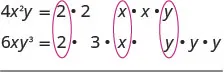 Mathematical expressions 4x^2y and 6xy^3 are factored into their prime and variable components, with common factors 2, x, and y highlighted by magenta ovals.
