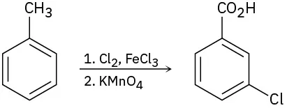 Toluene reacts with chlorine in the presence of iron trichloride in step 1 and potassium permanganate in step 2 to form benzoic acid with chlorine atom at C 3.