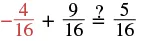 The mathematical expression -4/16 + 9/16 ?= 5/16, asking to verify the equality of the fractional sum.