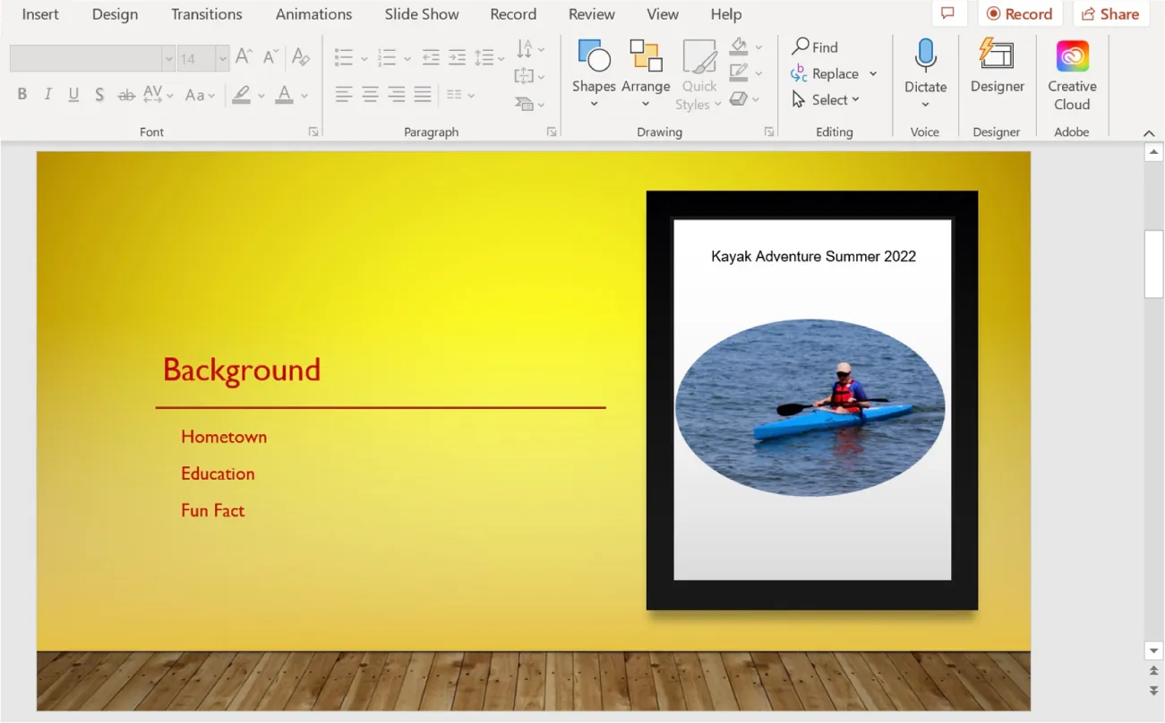 A PowerPoint screen is open. An image on the slide is shown after it has been cropped in the form of an oval.