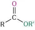 The structure of an ester where an R group is attached to a carbonyl group which in turn is attached to an O R dash group.