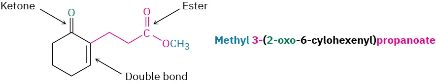 The structure of methyl 3-(2-oxo-6-cyclohexenyl)propanoate. Three functional groups, ketone, double bond, and ester are labeled.