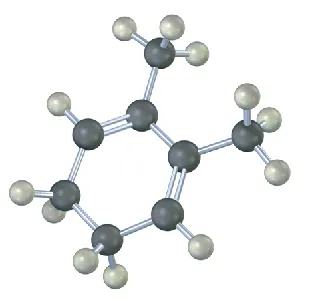 The ball-and-stick model shows a cyclohexadiene ring. C 2 and C 3 are each bonded to a methyl group. The gray and white spheres represent carbon and hydrogen atoms, respectively.