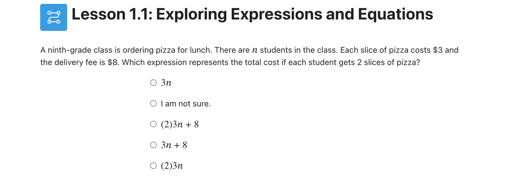 A screenshot from the curriculum showing a math assessment item where students identify an expression for a scenario given in a verbal description.