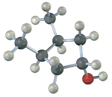 The ball-and-stick model of a compound comprising a cyclopentane ring. Gray, black, and red spheres represent hydrogen, carbon, and oxygen, respectively.