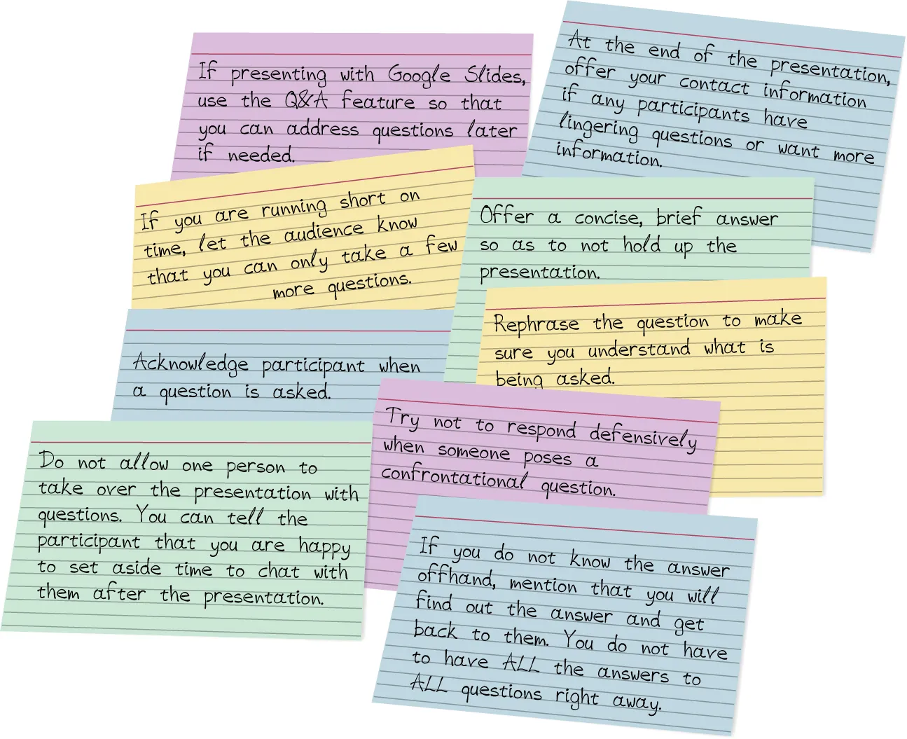 A collage of colored note cards with hand-written notes on them is shown.