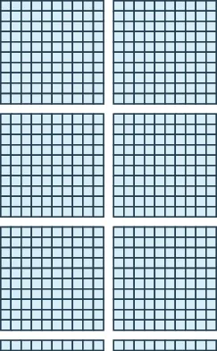 An image consisting of two items. The first item is six squares of 100 blocks each, 10 blocks wide and 10 blocks tall. The second item is 2 horizontal rods with 10 blocks each.