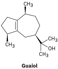The structure of guaiol. It comprises of a bicyclo[5.3.0]decane ring with a double bond,  a wedged bonded propanol, and two wedged bonded methyl groups.