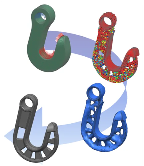 Four simulated design images of a thick hook, such as one used in an industrial application or device such as a crane. An arrow indicates a progression from the original, which was completely solid to the subsequent three images that progressively reduce material and introduce gaps in the structure while maintaining the basic shape. 