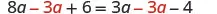An algebraic equation displayed as 8a - 3a + 6 = 3a - 3a - 4, where the terms '-3a' and '3a' appear in red.