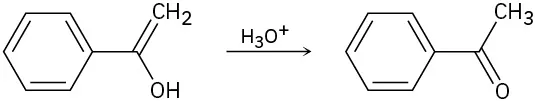 A benzene ring connected to an OH-substituted alkene reacts with hydronium ions to form a benzene ring with a C O C H 3 group.