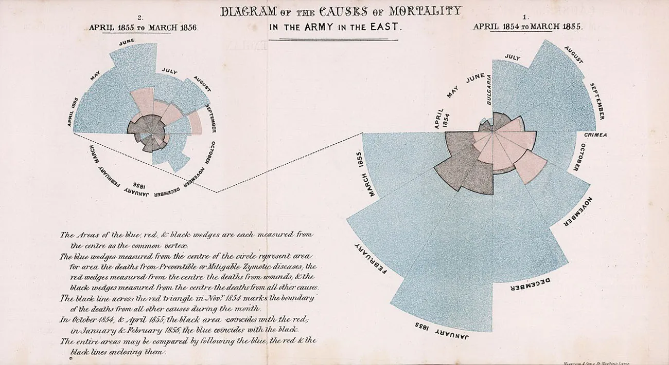 A historical image showing a rose diagram chart identifying military deaths in 1854-1856. The diagram is organized into a circular pattern with wedges of the diagram representing months and adjusted in size to represent the volume of deaths.