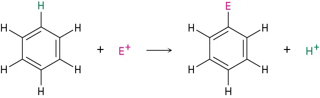 Benzene reacts with E plus to form benzene with E at C 1 with the release of H plus.