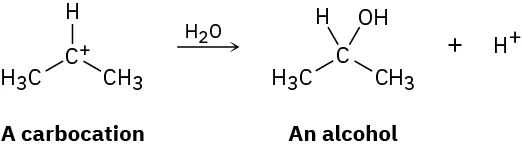 A three-carbon chain with a carbocation at C2 reacts with water to form 2-propanol and a hydrogen ion.