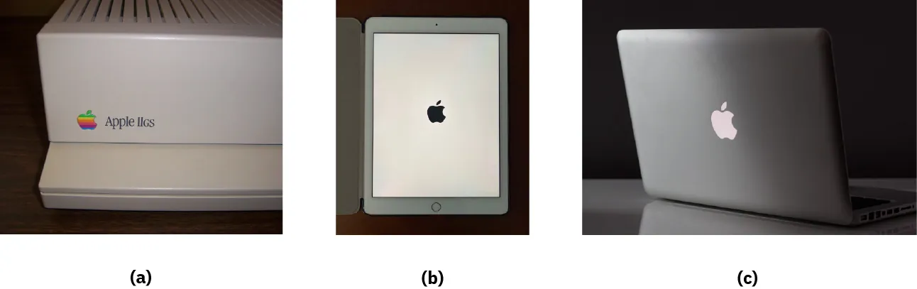 Image of (a) Apple logo with multi-colored stripes and bite missing on a printer, (b) black, solid Apple logo on an iPad, (c) lit up Apple logo on a MacBook.