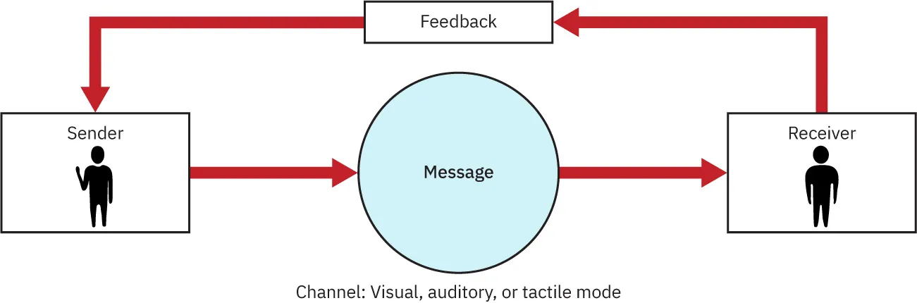 A graphic showing the verbal communication cycle. It's composed of four components connected by arrows to create a circular flow. It flows from "Sender" to "Message" to "Receiver" to "Feedback" and back to "Sender" again.