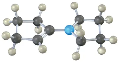A ball-and-stick model of a cyclopentene linked to a cyclopentane with nitrogen atom.