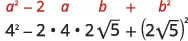 Illustration of the perfect square trinomial identity (a-b)^2, showing a^2 - 2ab + b^2 and its numerical application with a=4 and b=2sqrt(5).