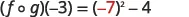The image shows the mathematical expression for a composite function: (f o g)(-3) = (-7)^2 - 4. The value -7 is highlighted in red, indicating a substitution or an intermediate step in the calculation.