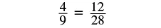 A mathematical equation showing the fractions 4/9 equals 12/28. Both fractions are written in black against a plain white background.