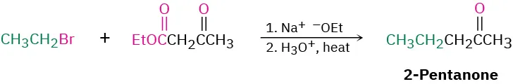 Bromoethane and ethyl acetoacetate react with sodium ethoxide and, following heaing in acid, 2-pentanone is formed.