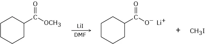 The reaction of methyl cyclohexanoate with lithium iodide in dimethylformamide forms lithium cyclohexanoate and methyl iodide.