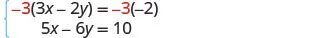 A system of two linear equations is displayed. The first equation is -3(3x - 2y) = -3(-2), and the second is 5x - 6y = 10, likely demonstrating a step in solving them.
