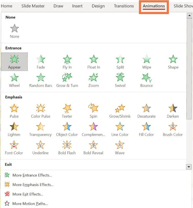 A screenshot is presented showing the different Animation options.