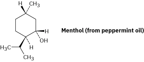 The structure of menthol. It is a cyclohexane with dashed hydroxyl at C 1, a wedged isopropyl at C2, and a dashed methyl at C5.