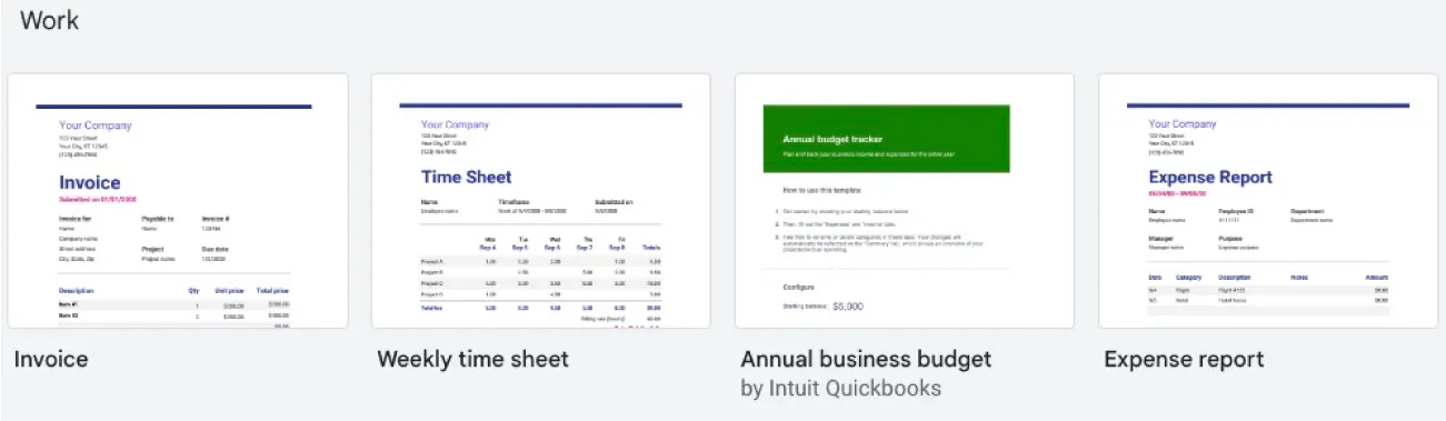 Templates on the Welcome screen are shown; eight different options are available with a Work heading.