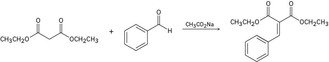 The Knoevenagel condensation of diethyl malonate and benzaldehyde with sodium ethoxide forms a conjugated enone. The product shows benzene ring with methine double-bonded to the methylene group of diethyl malonate.