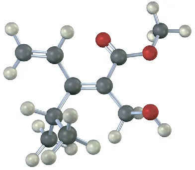 Ball and stick model of double bond with vinyl (up) and isopropyl (down) on the left and C O O C H 3 (up) and hydroxymethyl (down) on the right.