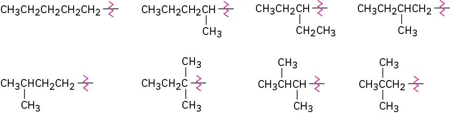 The molecular structures of eight pentyl isomers are represented.