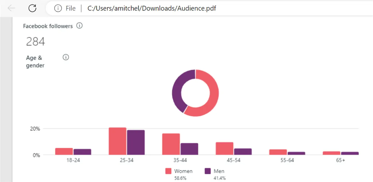 Facebook Audience page lists 284 Facebook followers. Age & gender displayed in pink/purple bar graph, divided into age groups (18-24, 25-34, 35-44, 45-54, 55-64, 65+) and Women (58.6%) and Men (41.4%).