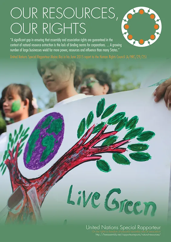 A multimodal flyer titled “OUR RESOURCES, OUR RIGHTS” shows a young person holding a banner with an image of the Earth placed above a tree. The words ‘Live Green’ appear below the image.